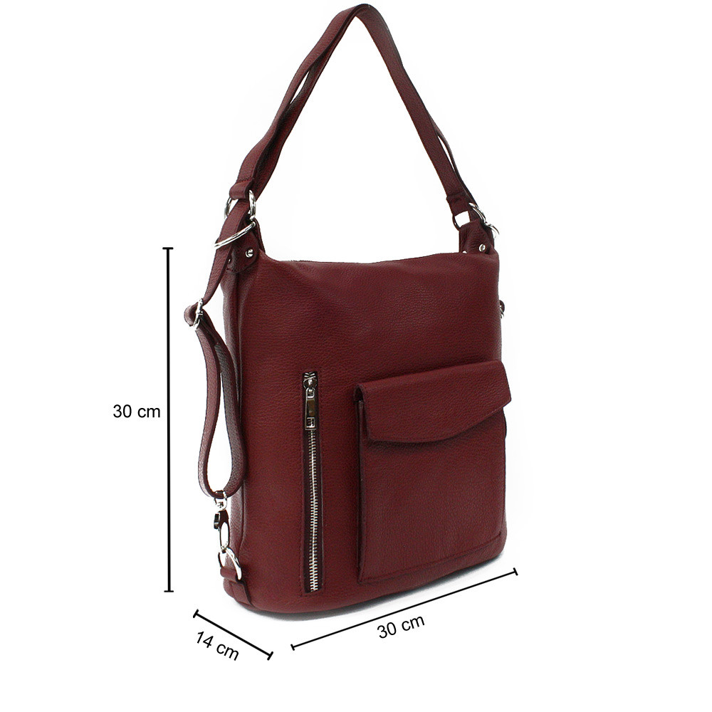 Tmavě červená dámská kožená kabelka s kombinací batohu Lennard