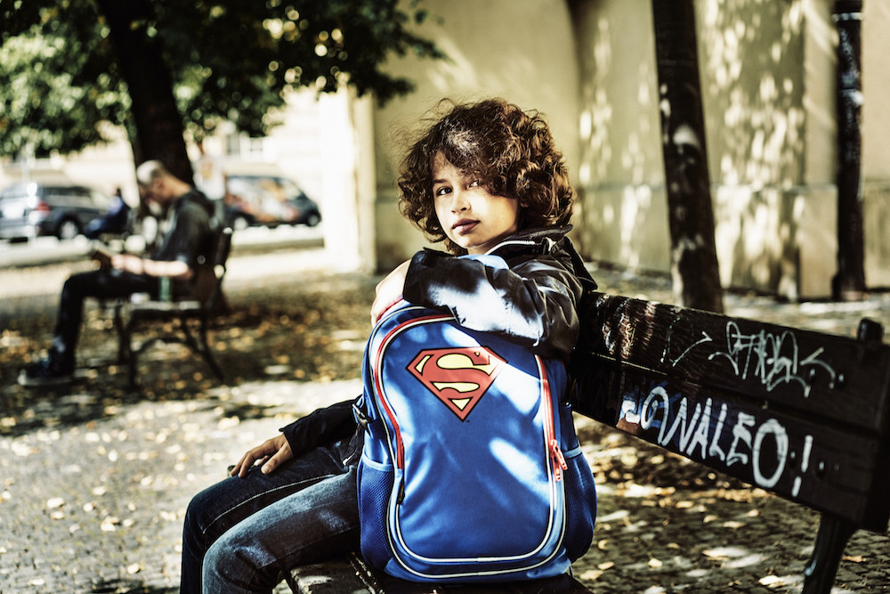 Modrý zipový voděodolný školní batoh s motivem Superman