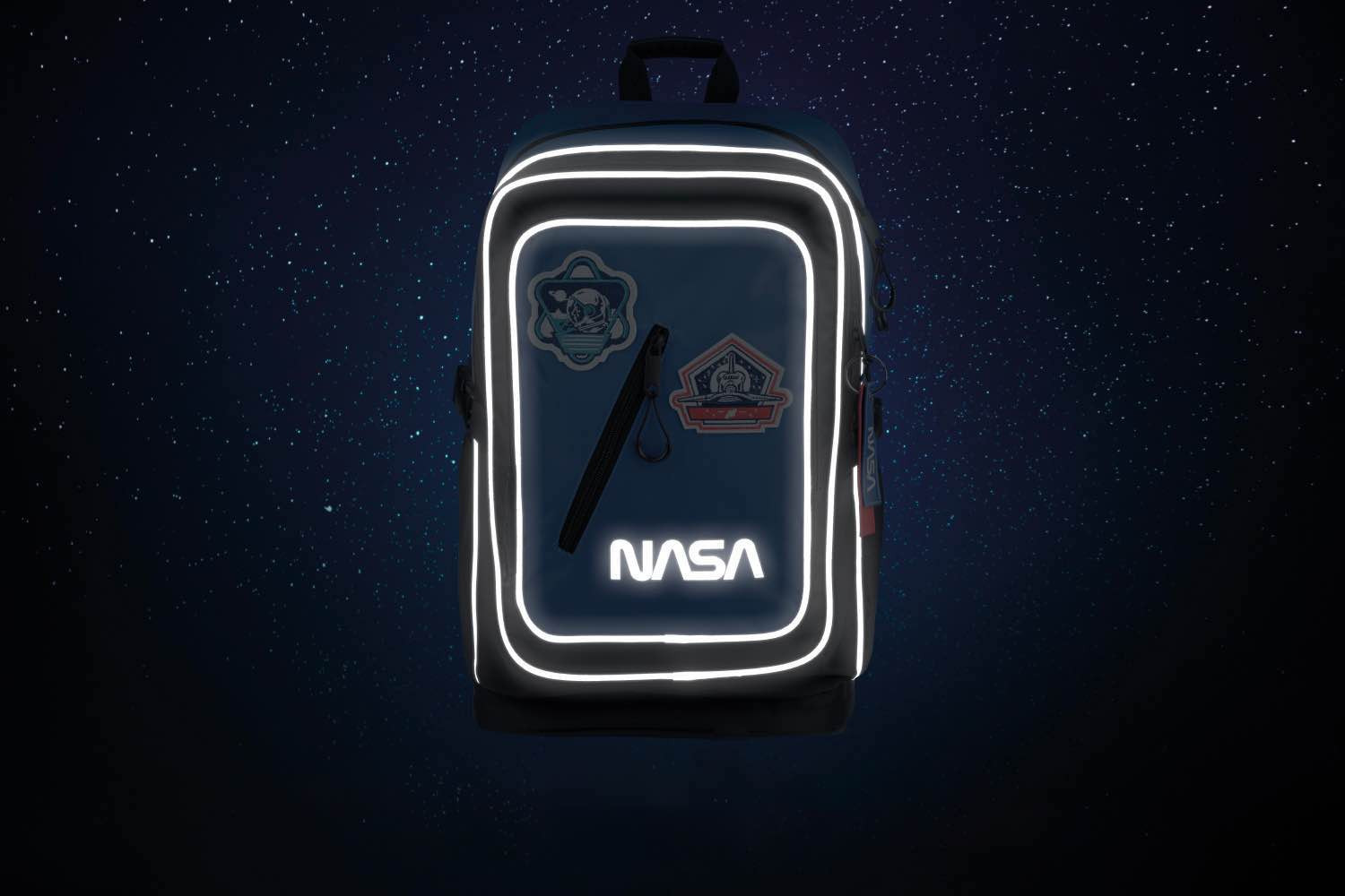 Modročerný voděodolný zipový školní batoh s motivem NASA