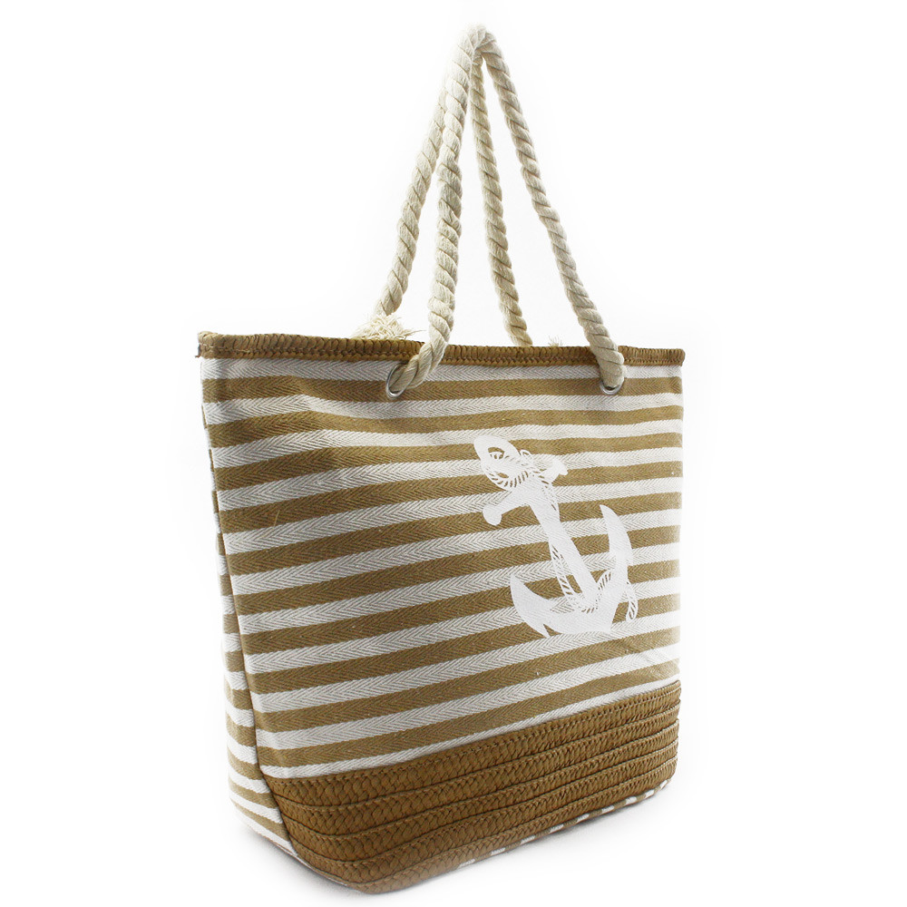 Béžovobílá pruhovaná textilní dámská plážová taška Evlampia