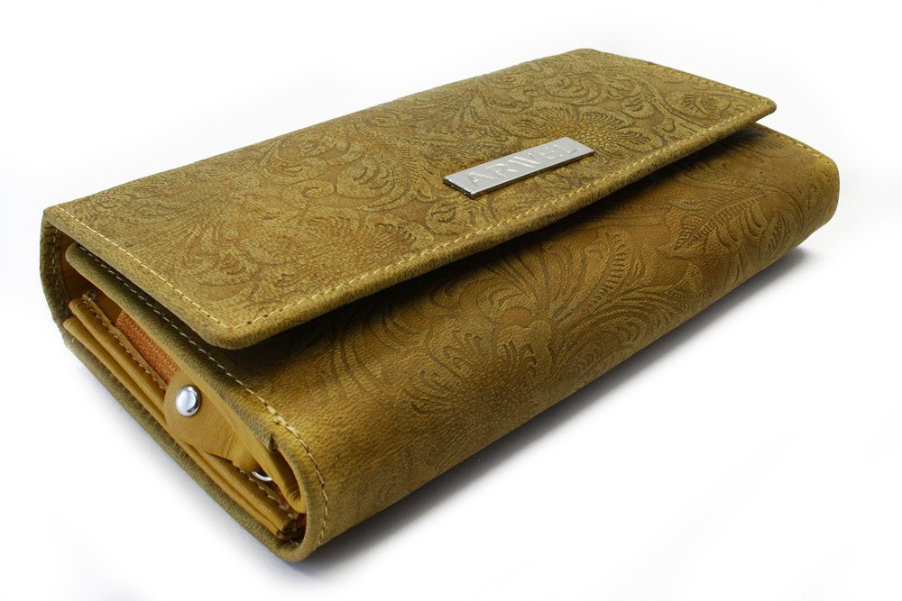 Žlutá klopnová kožená dámská peněženka se vzorem Ourania