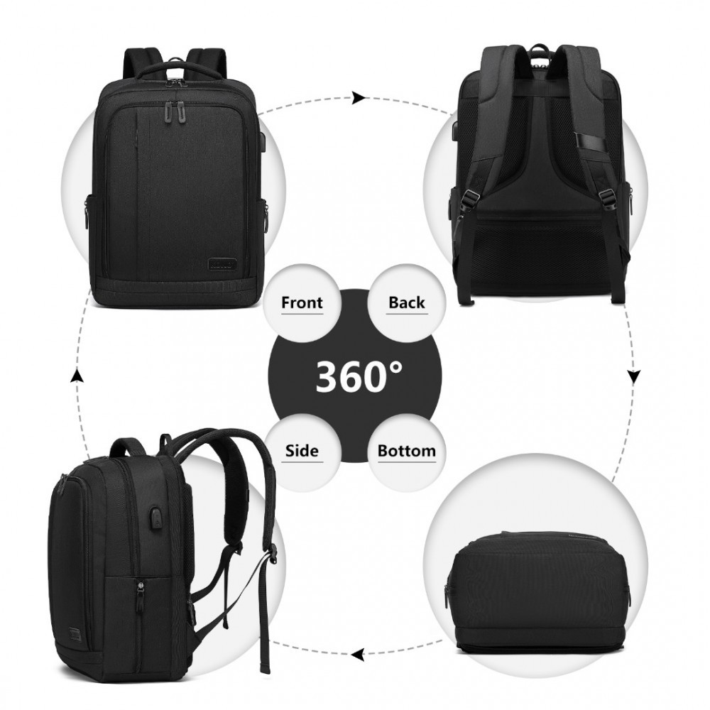 Černý moderní vícekomorový batoh s USB portem Rousskin