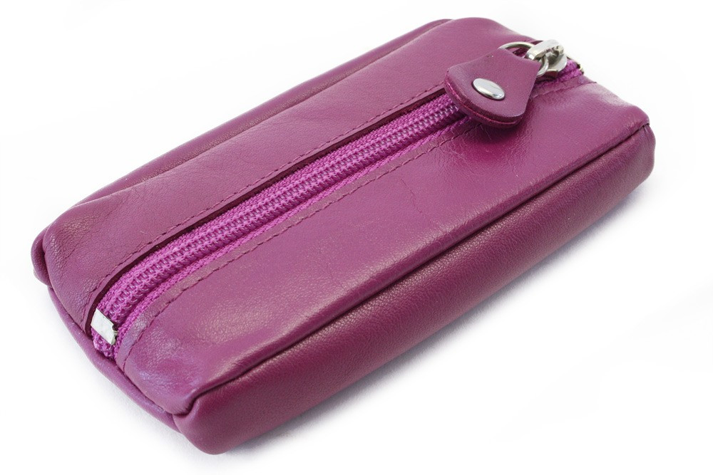 Fuchsiová kožená klíčenka se zipovou kapsou Lana