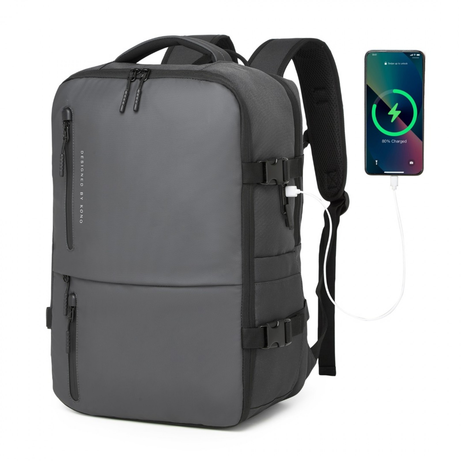 Tmavě šedý praktický cestovní batoh na notebook a s USB Evanthe