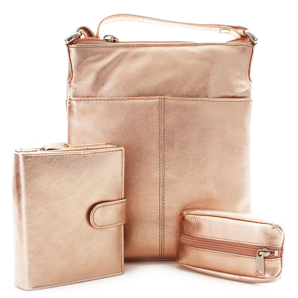Zlatorůžová sada dámské kabelky, peněženky a klíčenky Margot