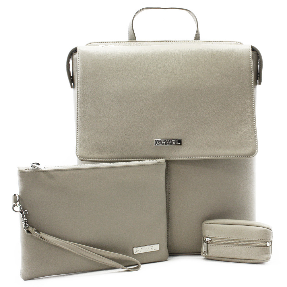 Šedobéžová sada dámského batohu, etue a klíčenky Hamada