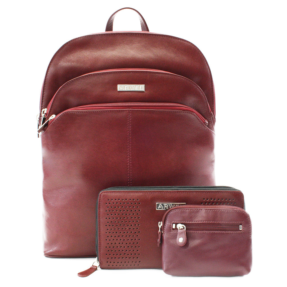 Vínově červená sada dámského batohu, peněženky a klíčenky Sakiya