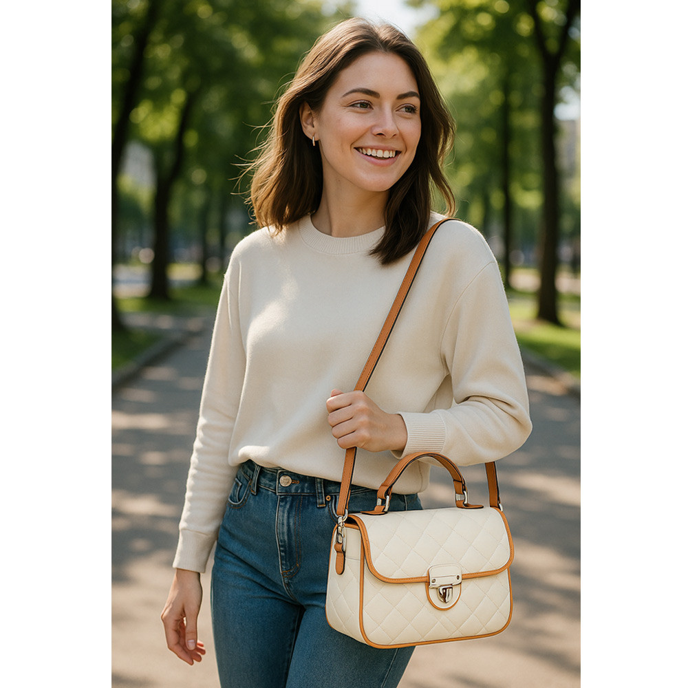 Smetanová dámská prošívaná kabelka s pevným zámkem Masato