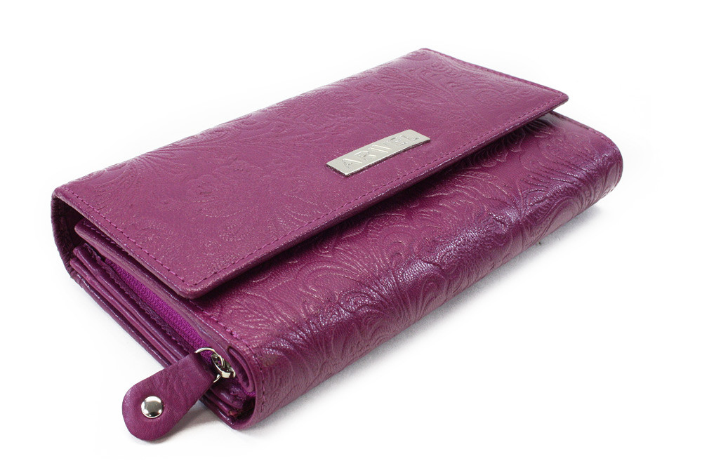 Fuchsiová klopnová kožená dámská peněženka se vzorem Ourania