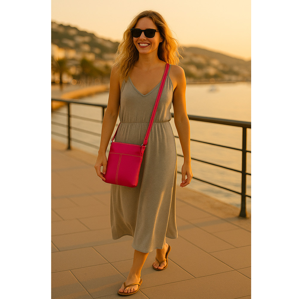 Fialovorůžová dámská kožená zipová crossbody kabelka Jenny