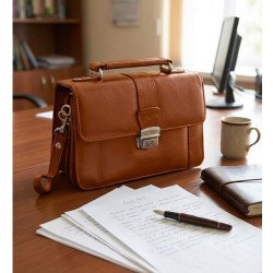 Světle hnědá kožená etue se sklápěcím registrem a držadlem Cooper