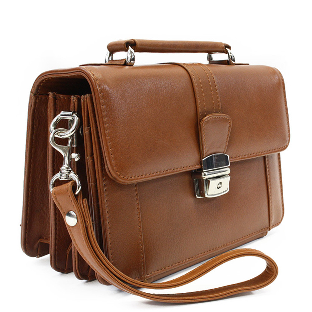 Světle hnědá kožená etue se sklápěcím registrem a držadlem Cooper