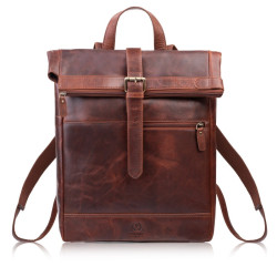 Hnědý kožený batoh na notebook s klopou Wynand