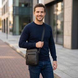 Černá pánská kožená crossbody taška s hnědým detailem Cobus