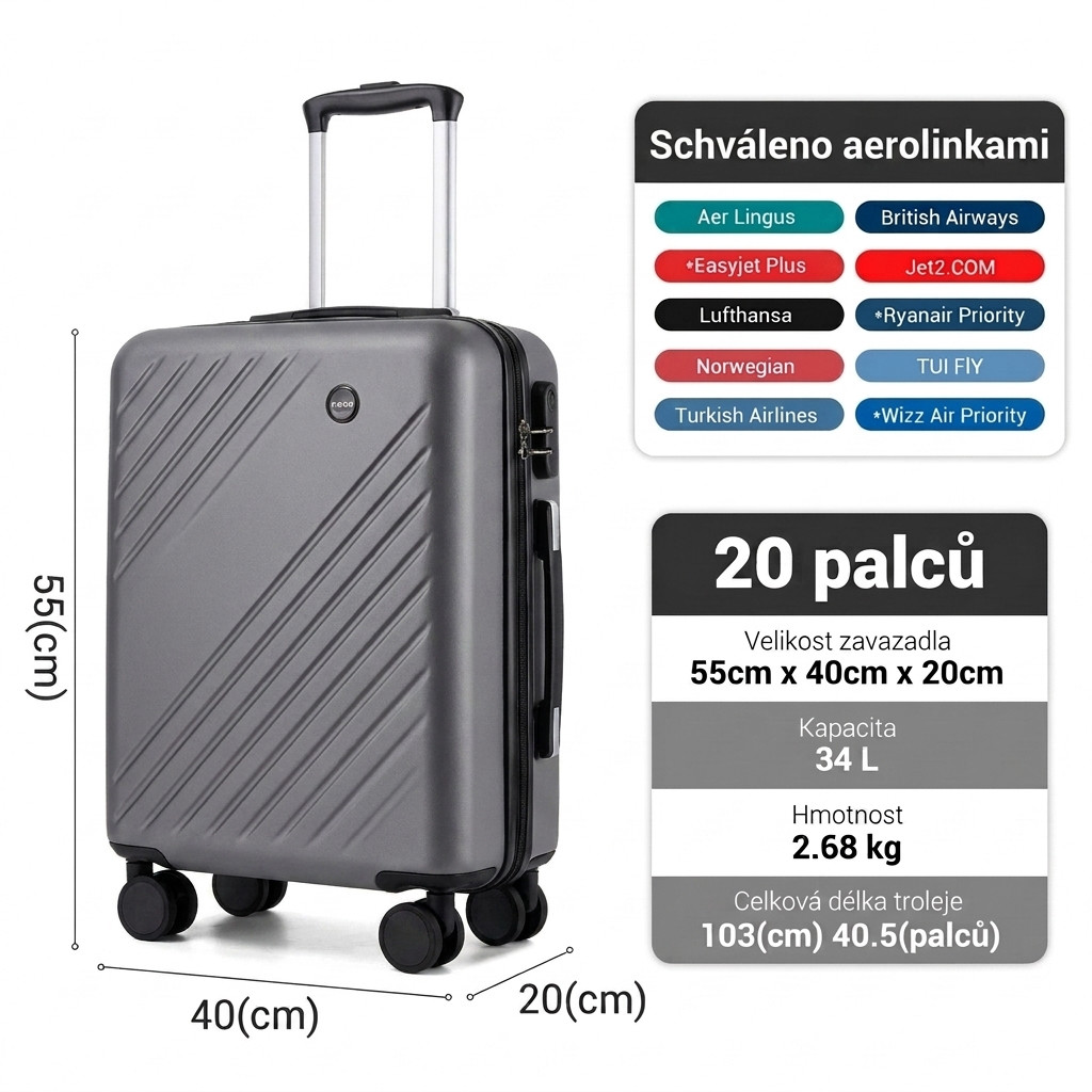 Šedá sada malého a středního kufru 2 v 1 Cuonk