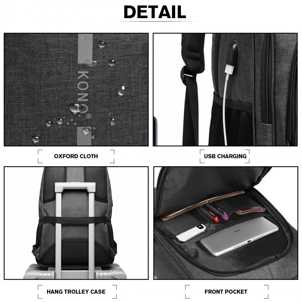 Tmavě šedý velký batoh s reflexním proužkem a USB portem Dacey