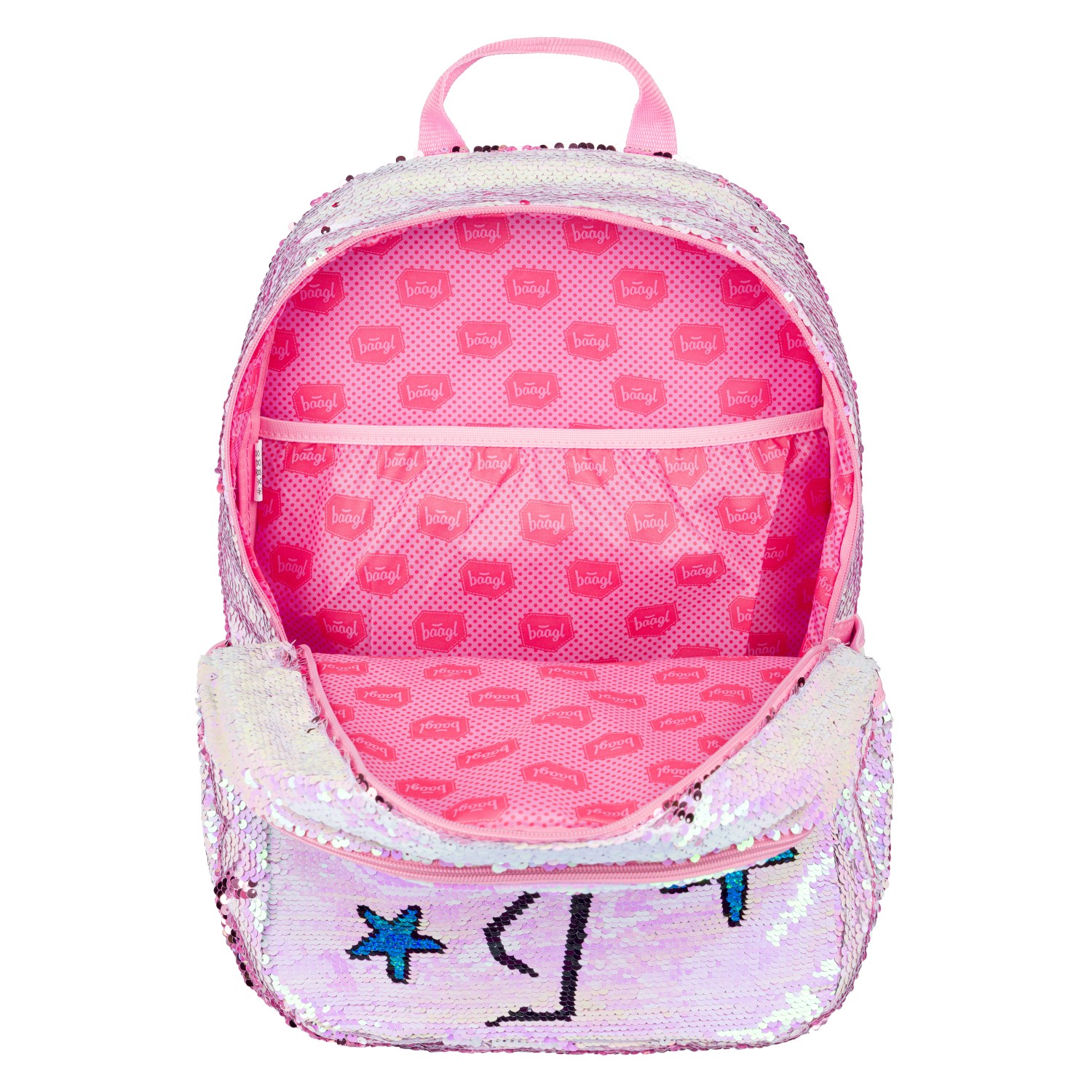 Růžový flitrový zipový školní batoh pro holky s motivem plameňáka Nydia