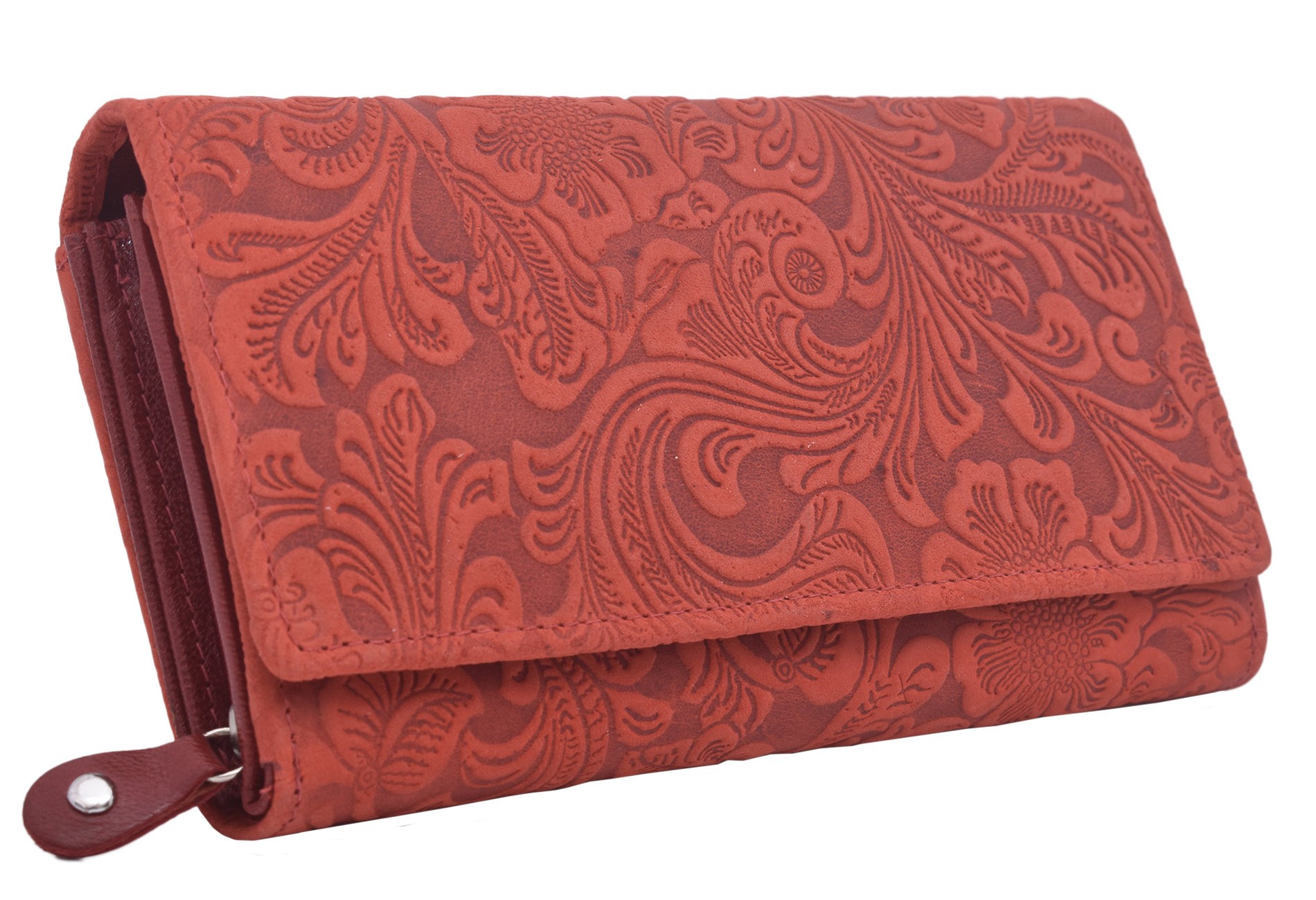 Červená klopnová kožená dámská peněženka se vzorem Amani
