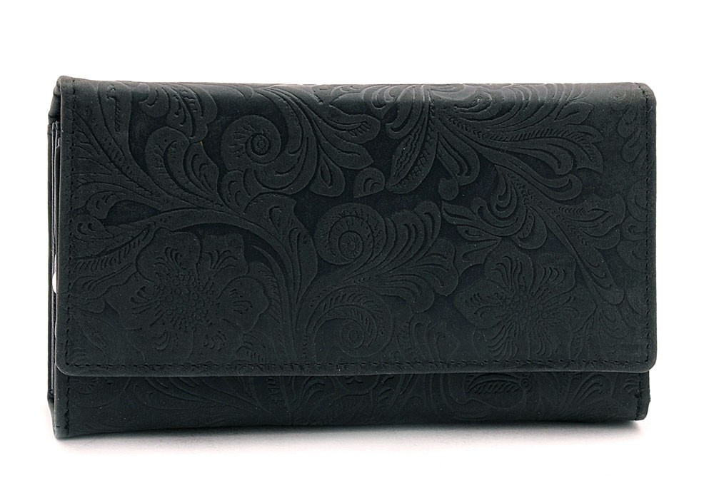 Černá klopnová kožená dámská peněženka se vzorem Amani