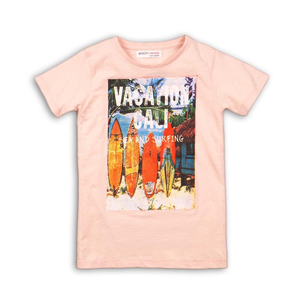 Světle růžové chlapecké tričko s výrazným potiskem Vacation - velikost 128 až 158