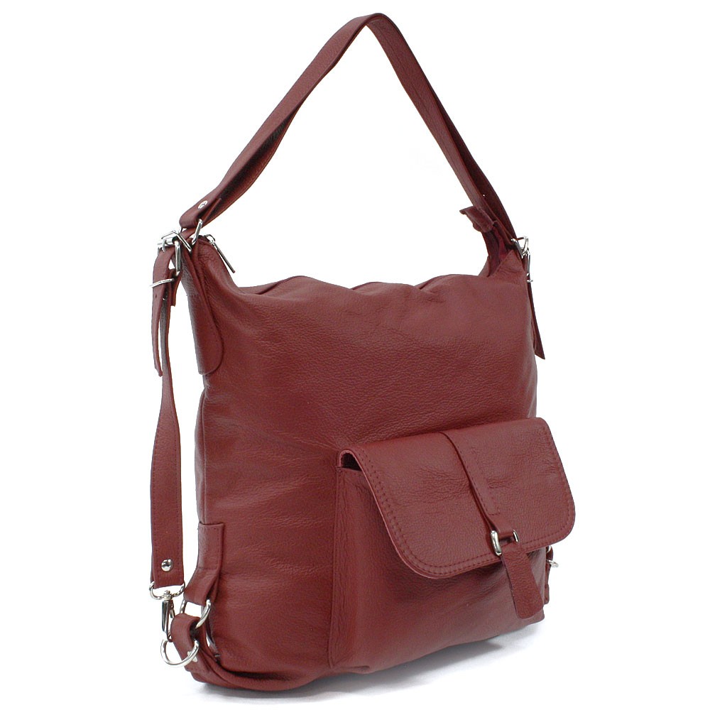 Tmavě červená dámská kožená kabelka s kombinací batohu Jawell